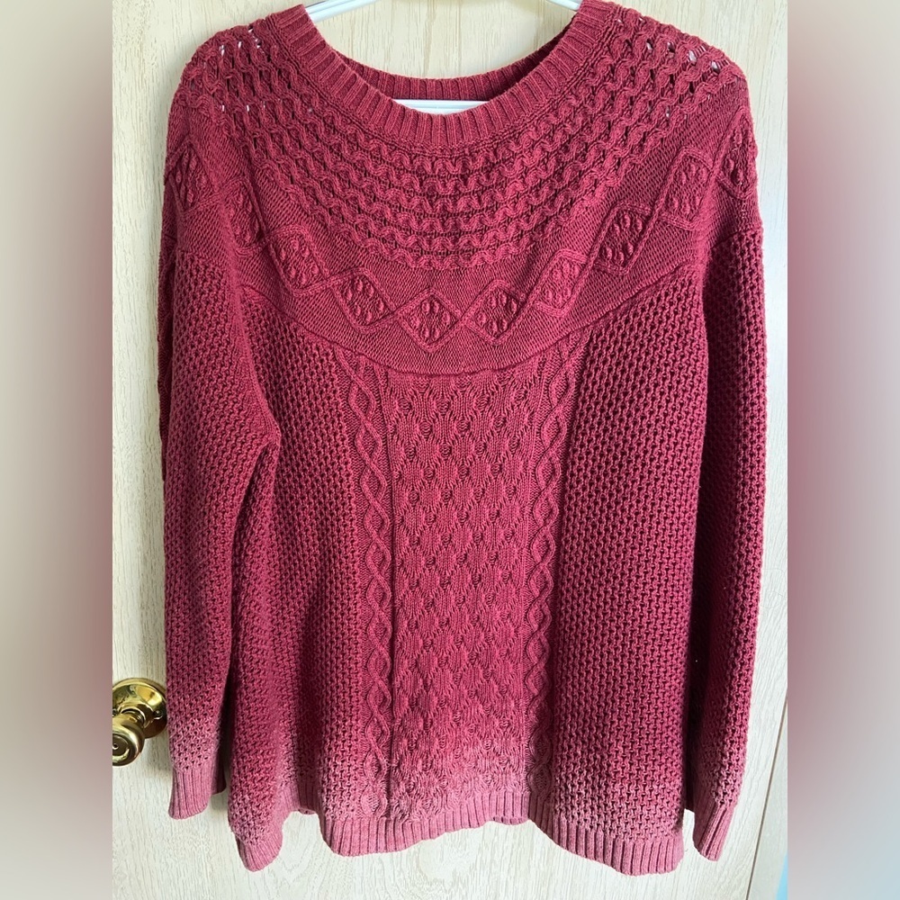 WOOLRICH Irish Yoke Cable Knit Long Sleeve Ombre Cranberry Cotton Sweater XLP
